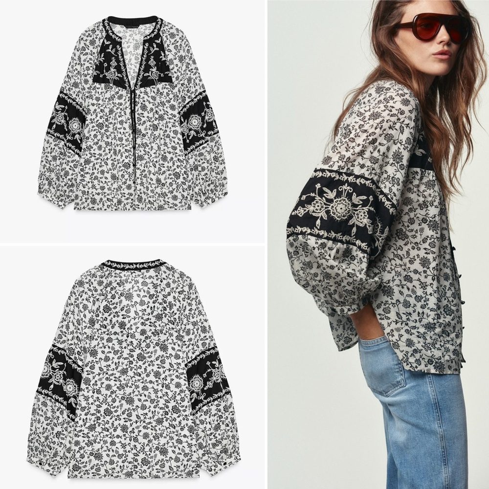 ZARA Floral Print Beaded Embroidery Blouse